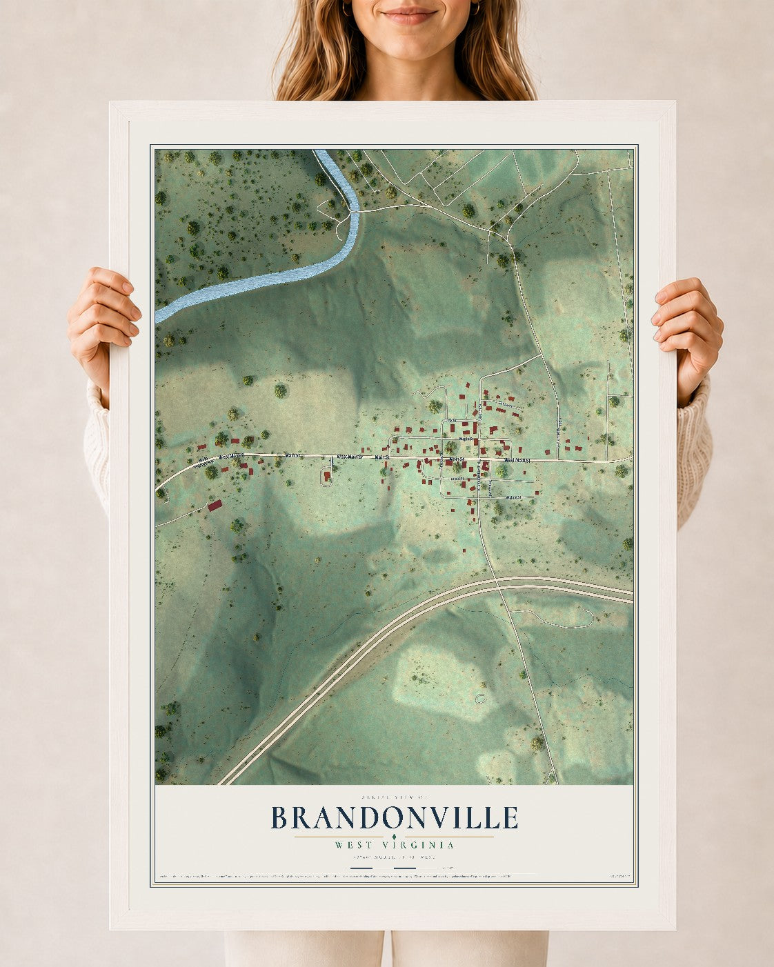 Map of Brandonville, West Virginia, 24 x 36 inch print in a white wood frame