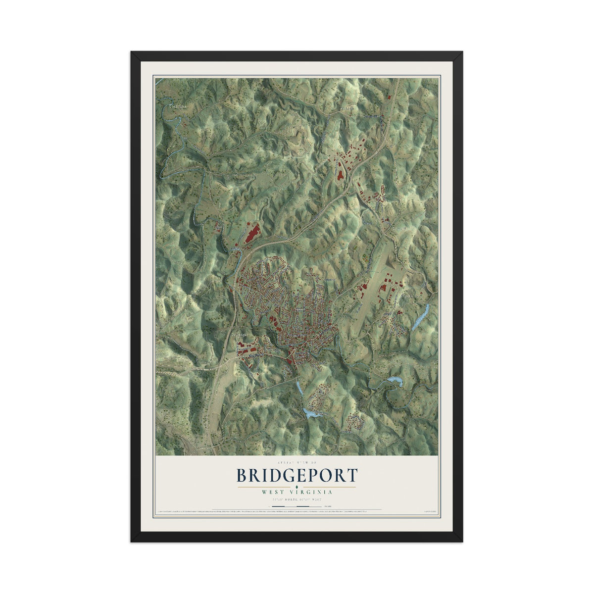Map of Bridgeport, West Virginia, 12 x 18 inch print in a black wood frame