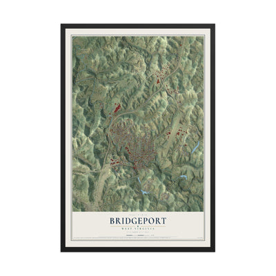 Map of Bridgeport, West Virginia, 12 x 18 inch print in a black wood frame