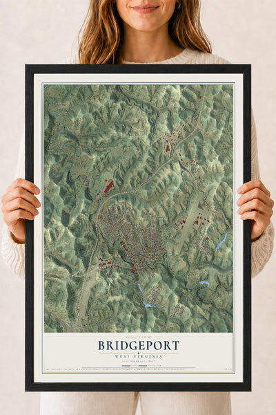 Map of Bridgeport, West Virginia, 18 x 24 inch print in a black wood frame