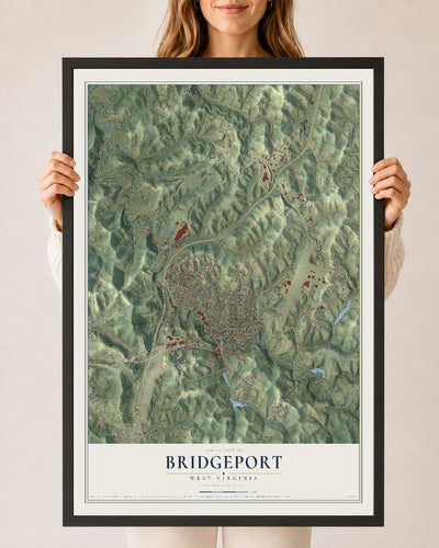 Map of Bridgeport, West Virginia, 24 x 36 inch print in a black wood frame