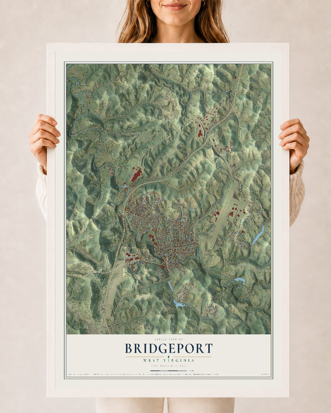 Map of Bridgeport, West Virginia, 24 x 36 inch print in a white wood frame