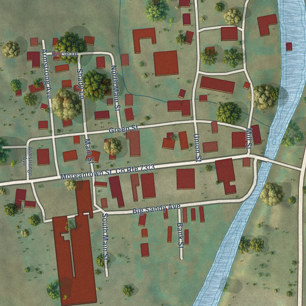 Close-up of the map of Bruceton Mills, West Virginia print showing street and building detail
