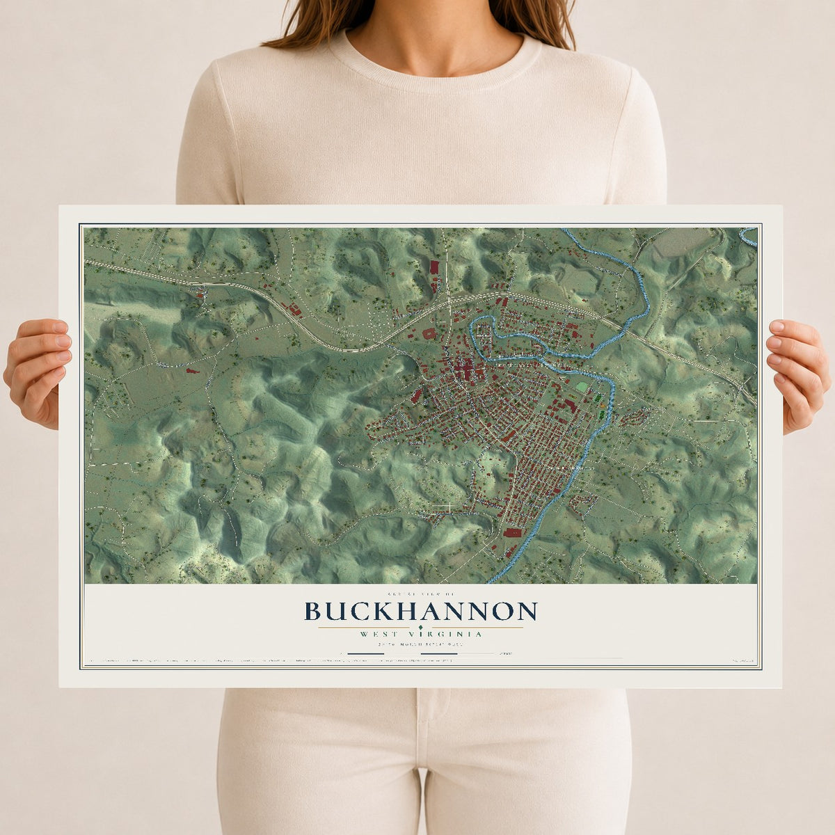 Map of Buckhannon, West Virginia, 12 x 18 inch unframed archival matte print