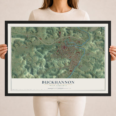 Map of Buckhannon, West Virginia, 18 x 24 inch print in a black wood frame