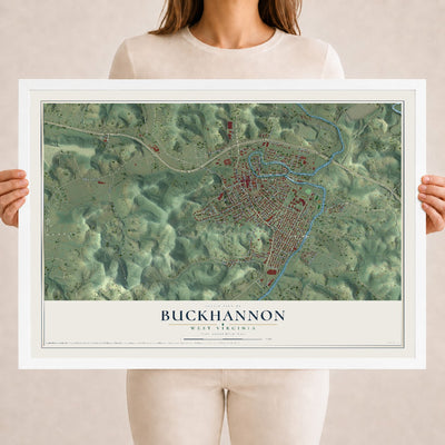 Map of Buckhannon, West Virginia, 18 x 24 inch print in a white wood frame
