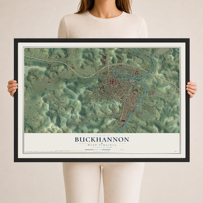 Map of Buckhannon, West Virginia, 24 x 36 inch print in a black wood frame