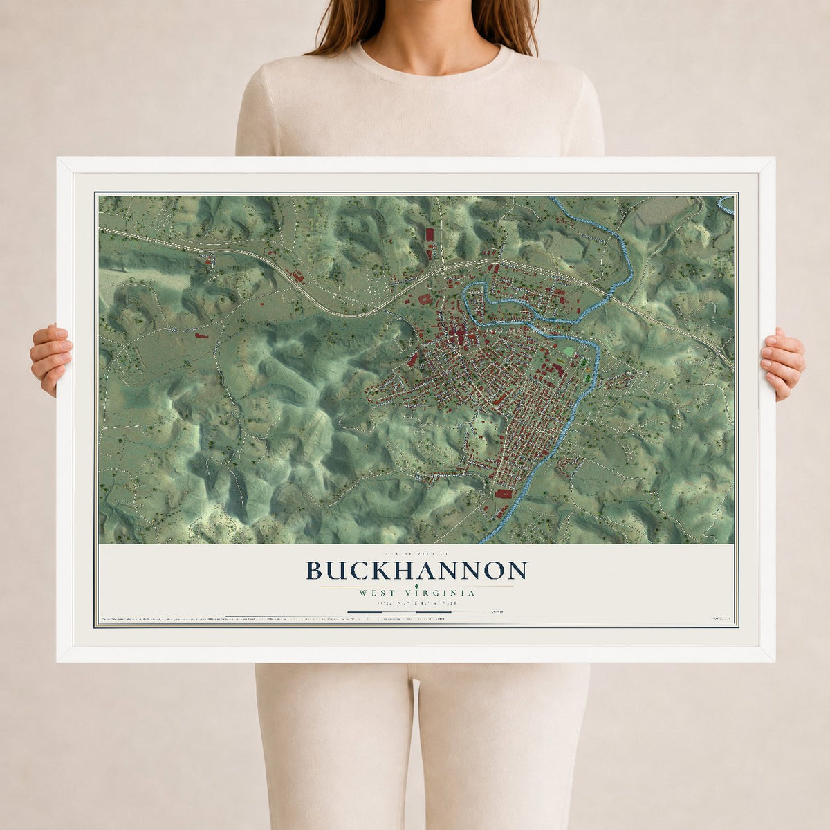 Map of Buckhannon, West Virginia, 24 x 36 inch print in a white wood frame