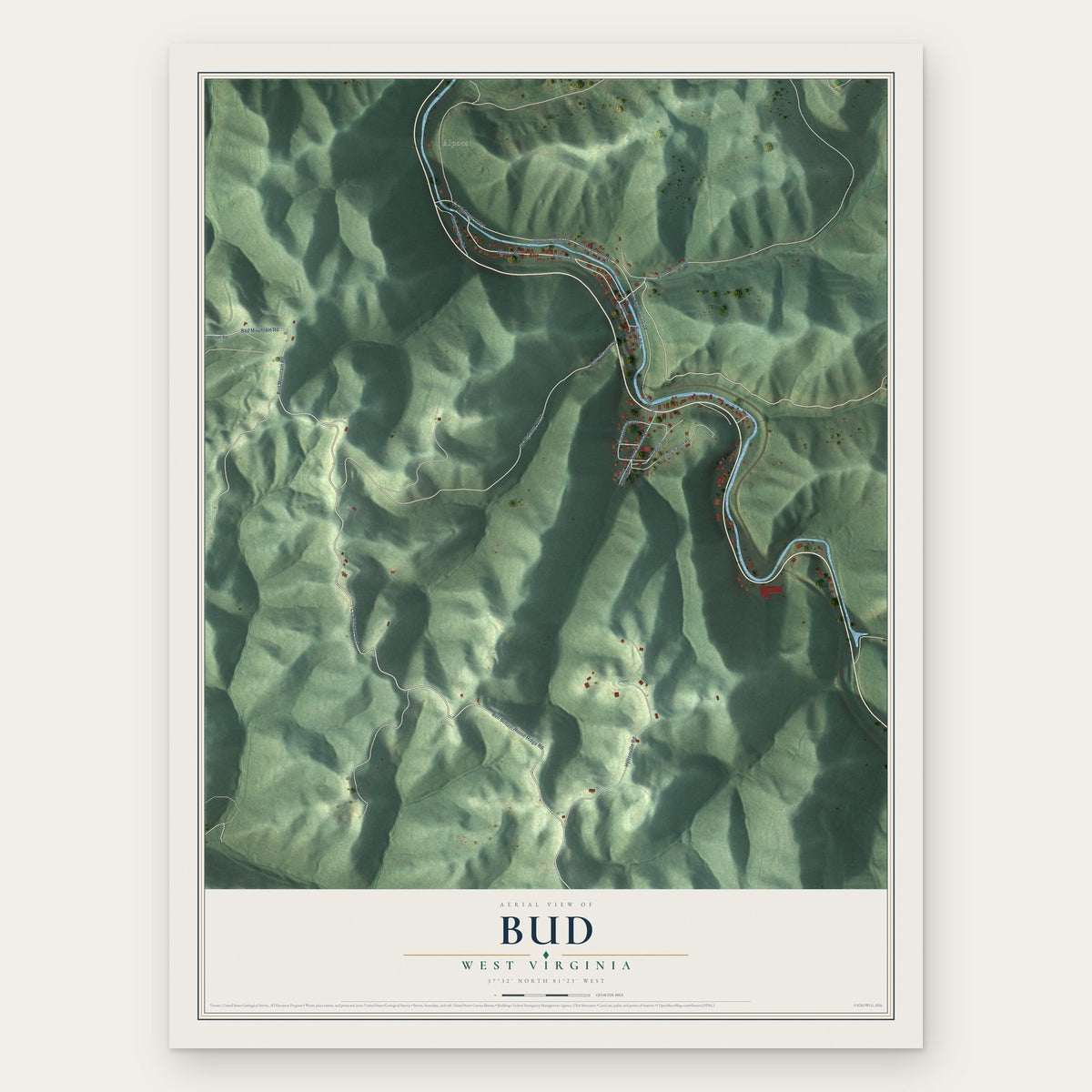 Bud, West Virginia map print, the full design