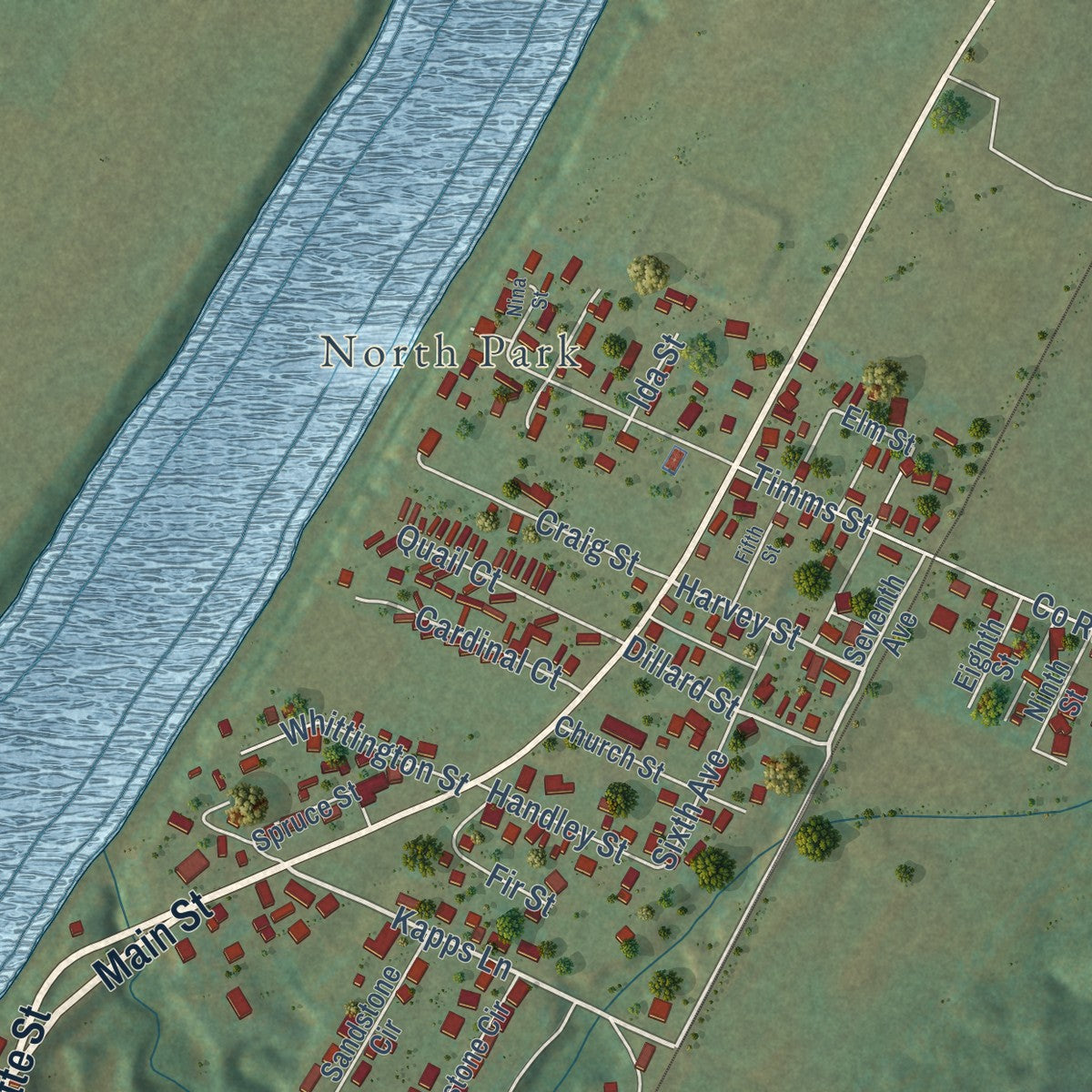 Close-up of the map of Buffalo, West Virginia print showing street and building detail