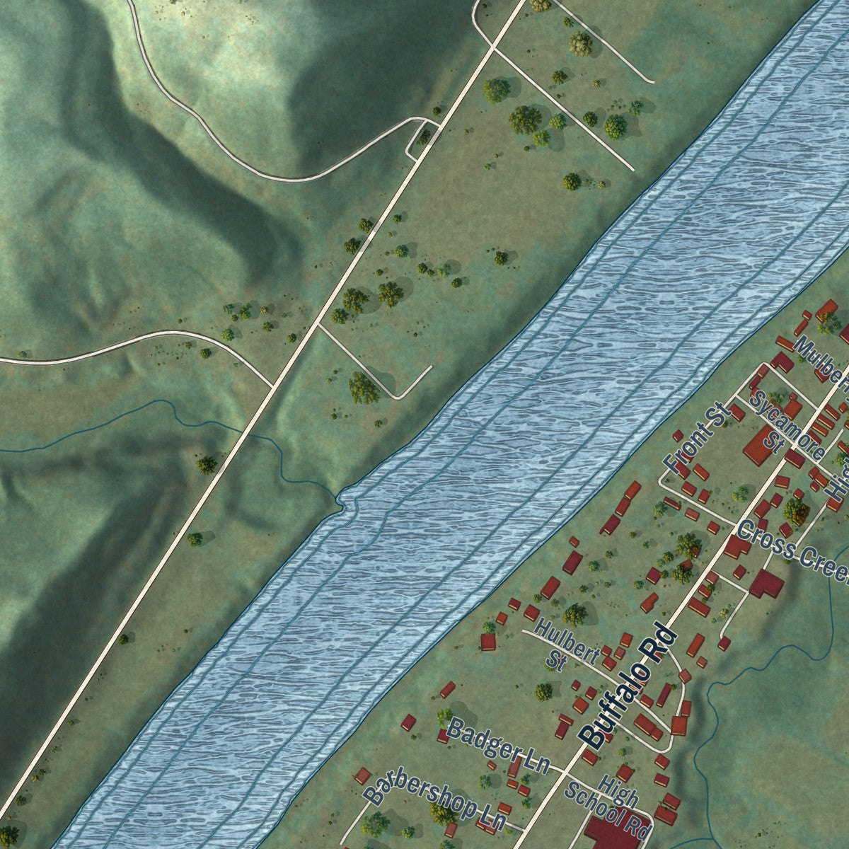 Second close-up of the map of Buffalo, West Virginia print showing more streets and buildings