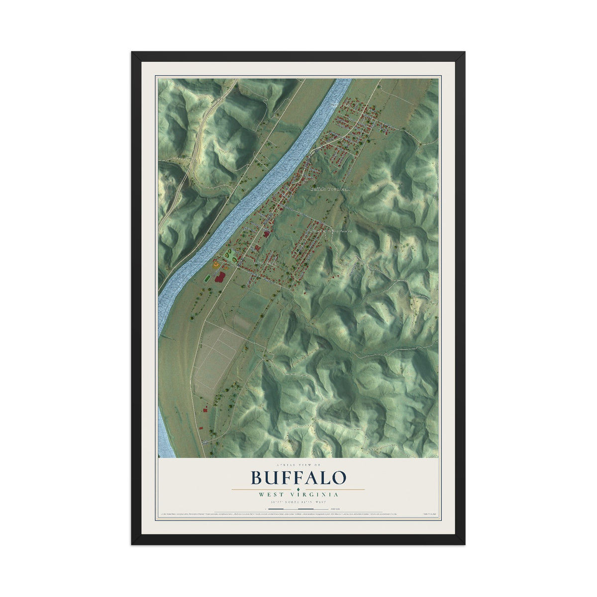 Map of Buffalo, West Virginia, 12 x 18 inch print in a black wood frame