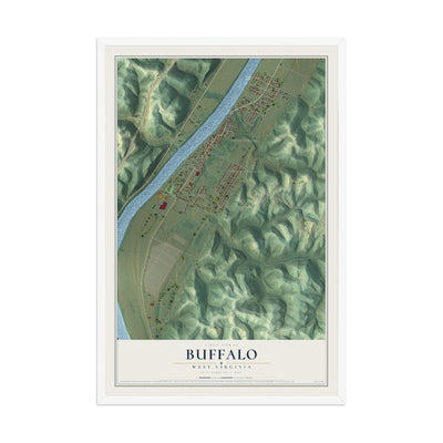 Map of Buffalo, West Virginia, 12 x 18 inch print in a white wood frame
