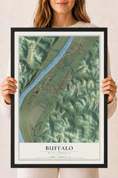 Map of Buffalo, West Virginia, 18 x 24 inch print in a black wood frame