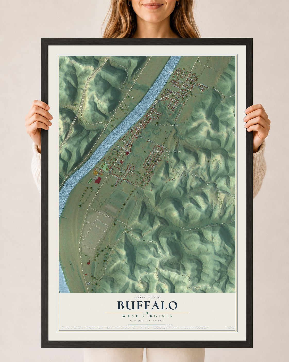 Map of Buffalo, West Virginia, 24 x 36 inch print in a black wood frame