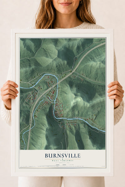 Map of Burnsville, West Virginia, 18 x 24 inch print in a white wood frame