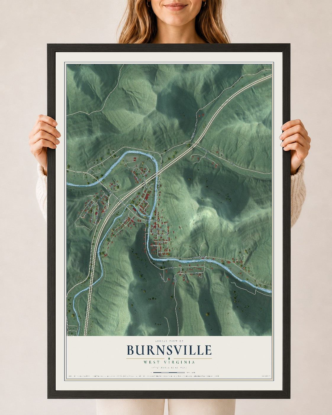 Map of Burnsville, West Virginia, 24 x 36 inch print in a black wood frame