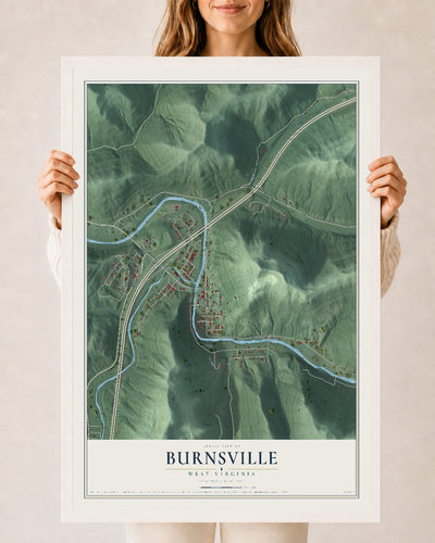 Map of Burnsville, West Virginia, 24 x 36 inch print in a white wood frame