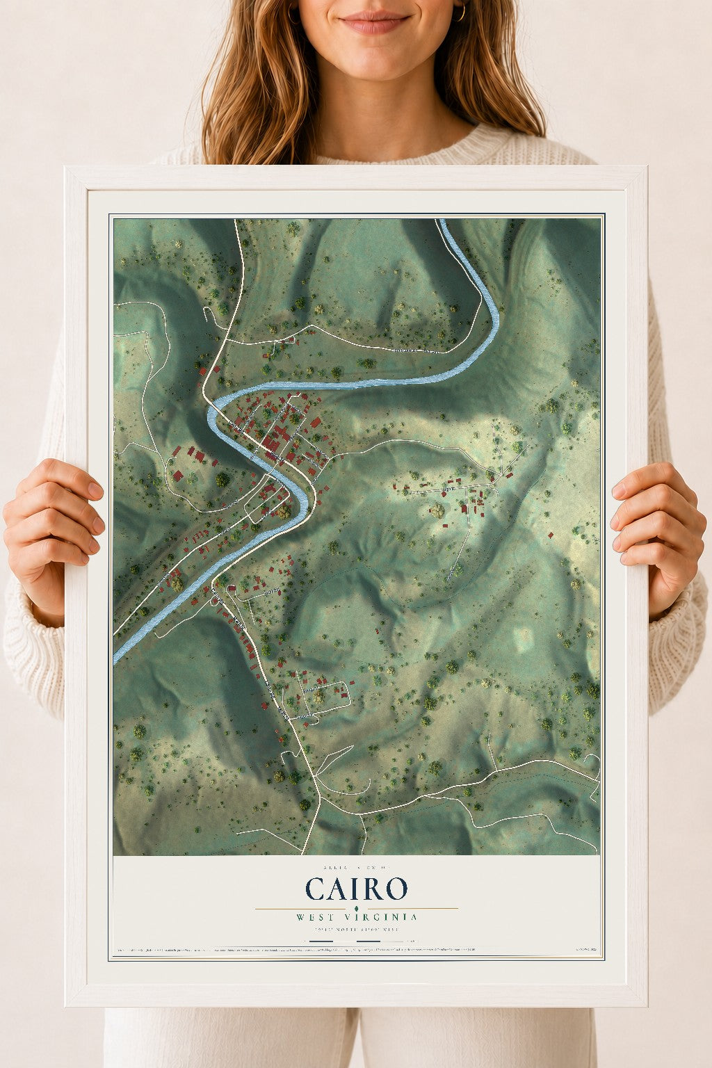 Map of Cairo, West Virginia, 18 x 24 inch print in a white wood frame