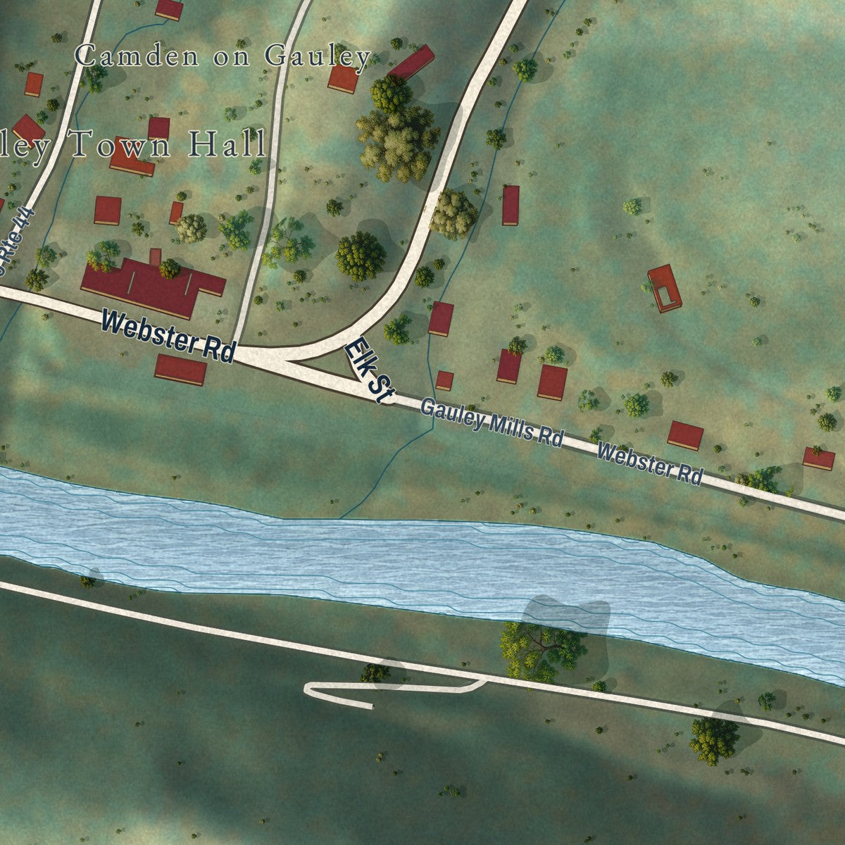 Close-up of the map of Camden-on-Gauley, West Virginia print showing street and building detail