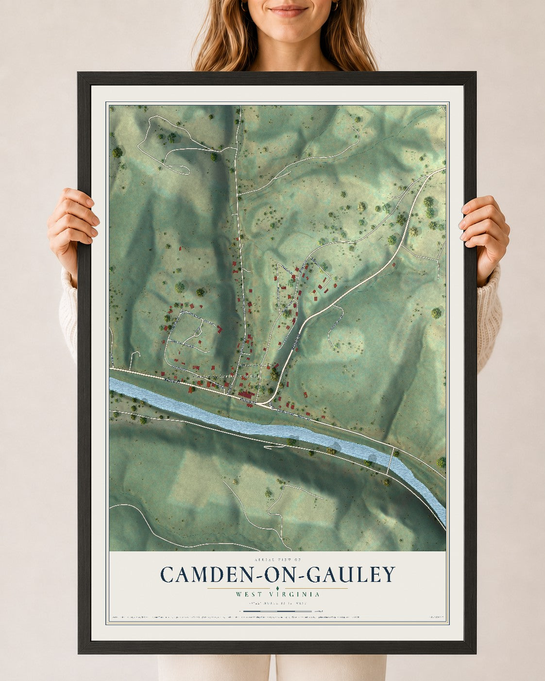 Map of Camden-on-Gauley, West Virginia, 24 x 36 inch print in a black wood frame