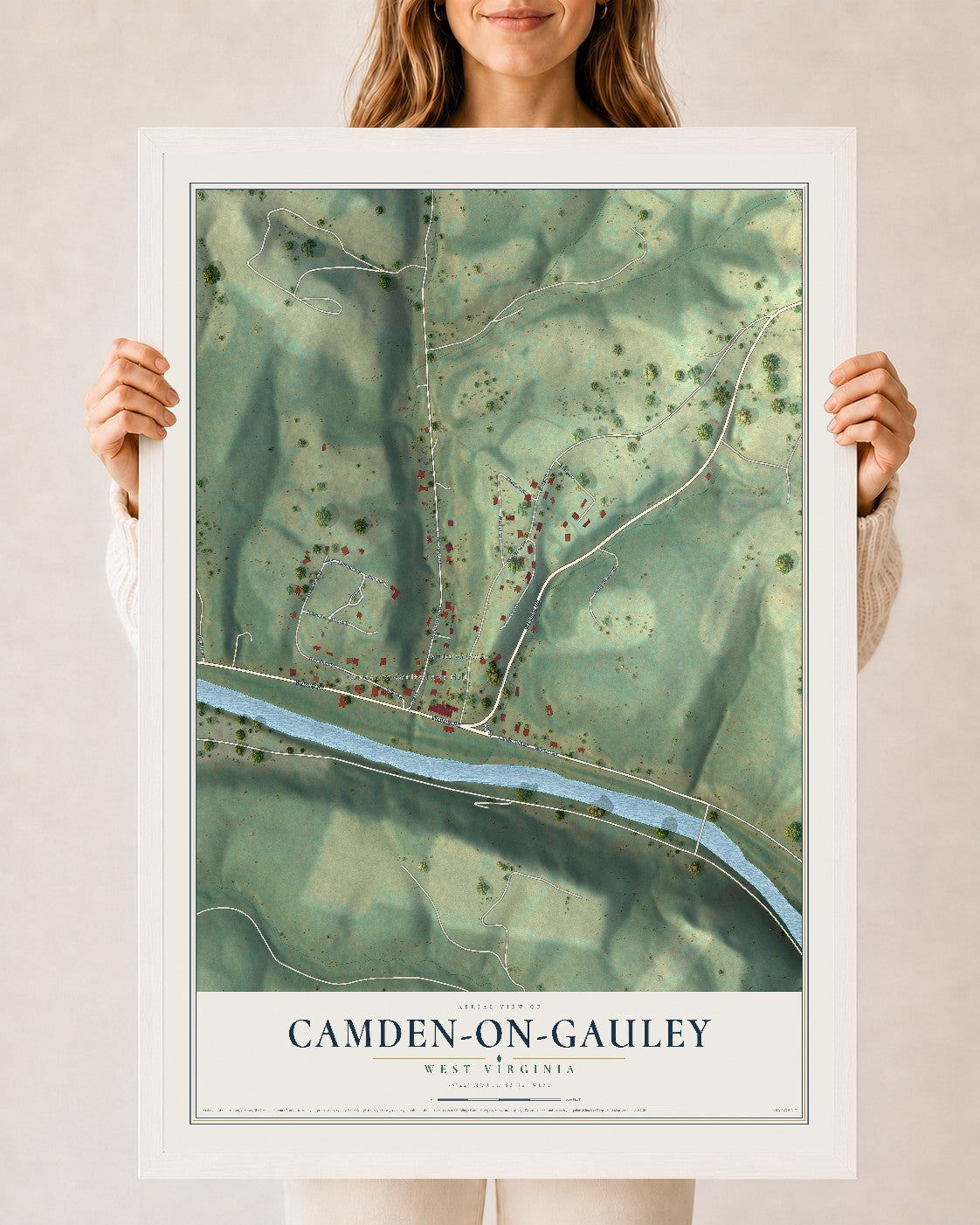 Map of Camden-on-Gauley, West Virginia, 24 x 36 inch print in a white wood frame