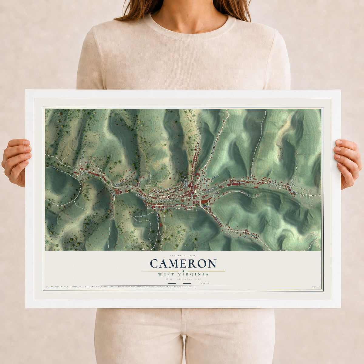 Map of Cameron, West Virginia, 12 x 18 inch print in a white wood frame