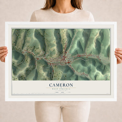 Map of Cameron, West Virginia, 18 x 24 inch print in a white wood frame