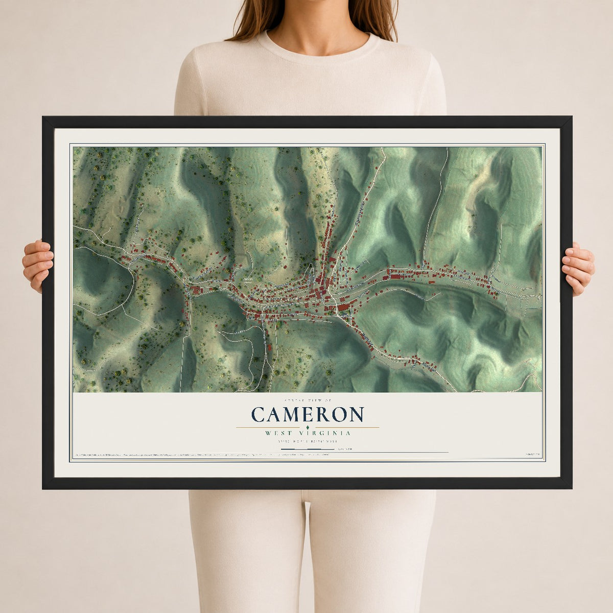 Map of Cameron, West Virginia, 24 x 36 inch print in a black wood frame