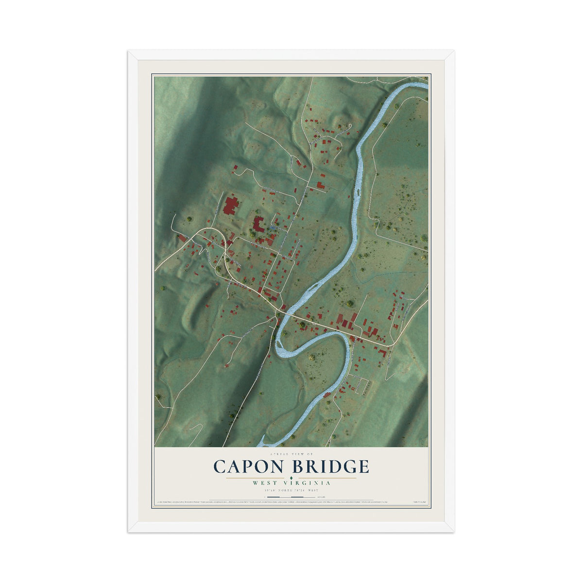 Map of Capon Bridge, West Virginia, 12 x 18 inch print in a white wood frame