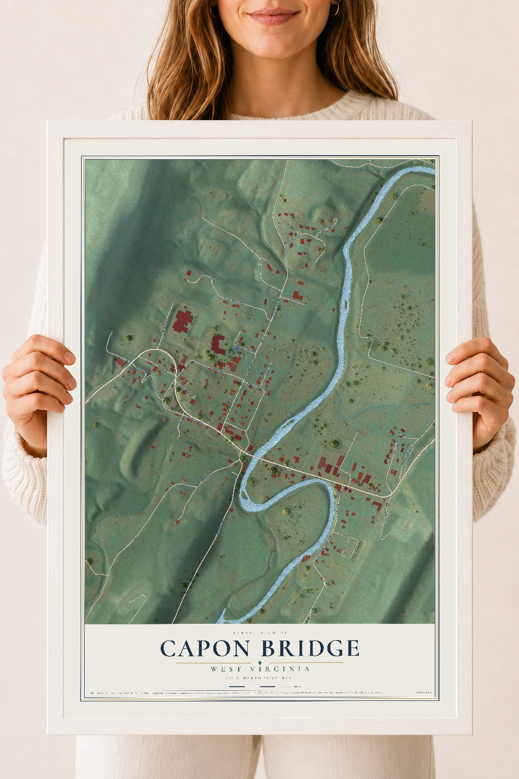 Map of Capon Bridge, West Virginia, 18 x 24 inch print in a white wood frame