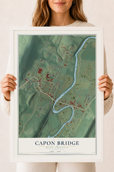Map of Capon Bridge, West Virginia, 18 x 24 inch print in a white wood frame