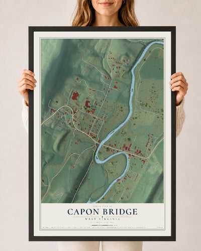 Map of Capon Bridge, West Virginia, 24 x 36 inch print in a black wood frame