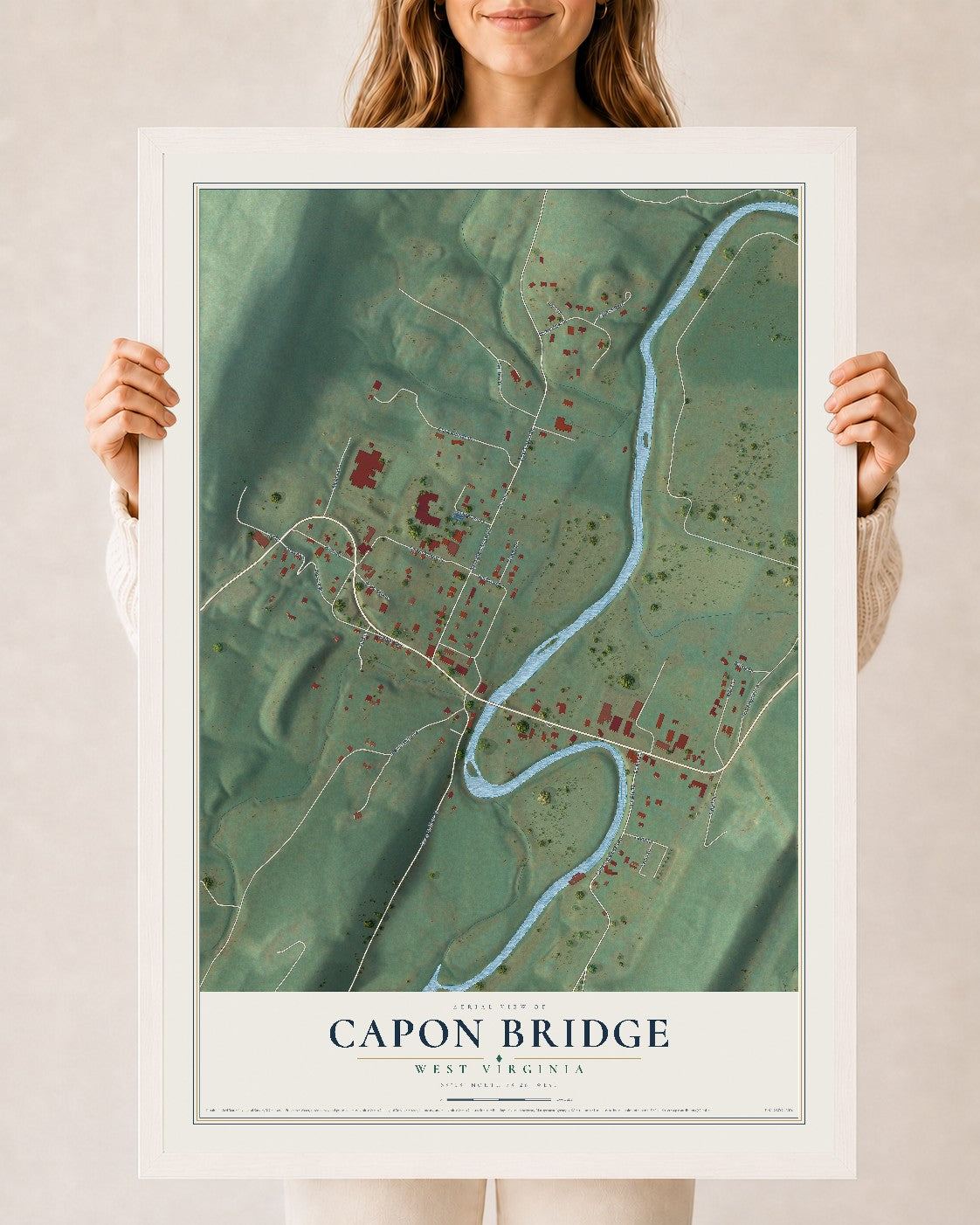 Map of Capon Bridge, West Virginia, 24 x 36 inch print in a white wood frame