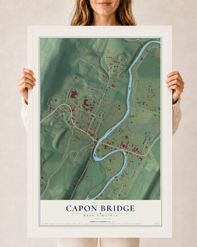 Map of Capon Bridge, West Virginia, 24 x 36 inch print in a white wood frame