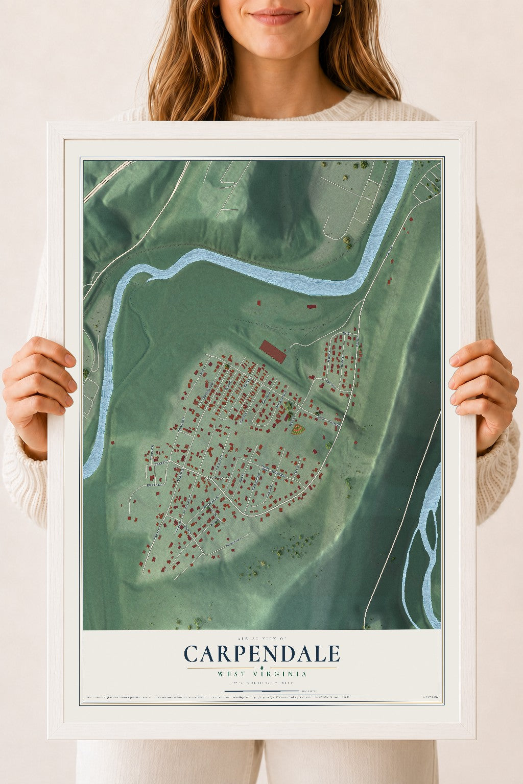 Map of Carpendale, West Virginia, 18 x 24 inch print in a white wood frame