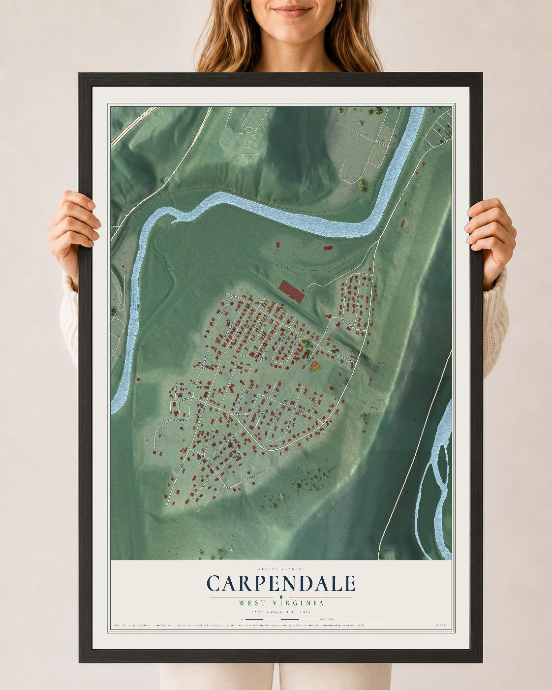 Map of Carpendale, West Virginia, 24 x 36 inch print in a black wood frame