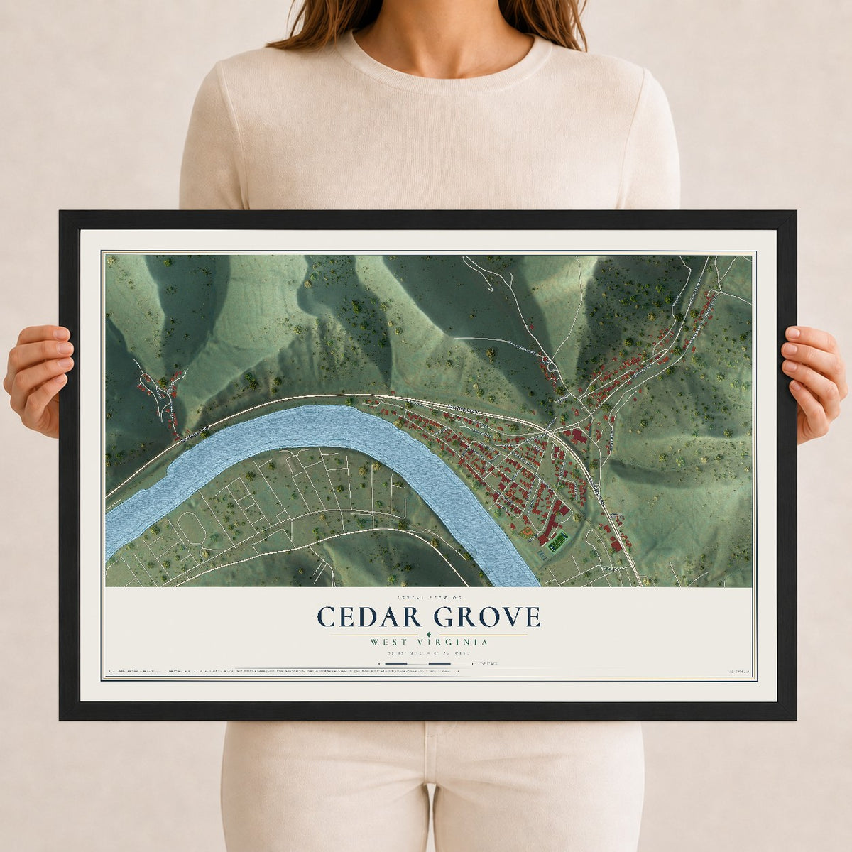 Map of Cedar Grove, West Virginia, 12 x 18 inch print in a black wood frame