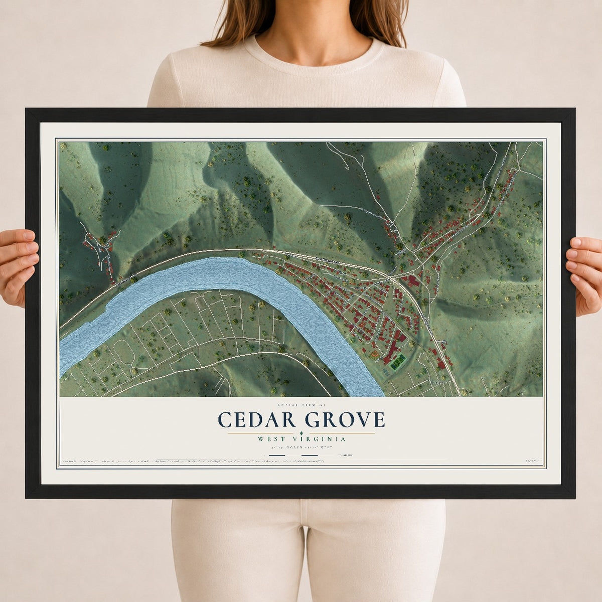Map of Cedar Grove, West Virginia, 18 x 24 inch print in a black wood frame