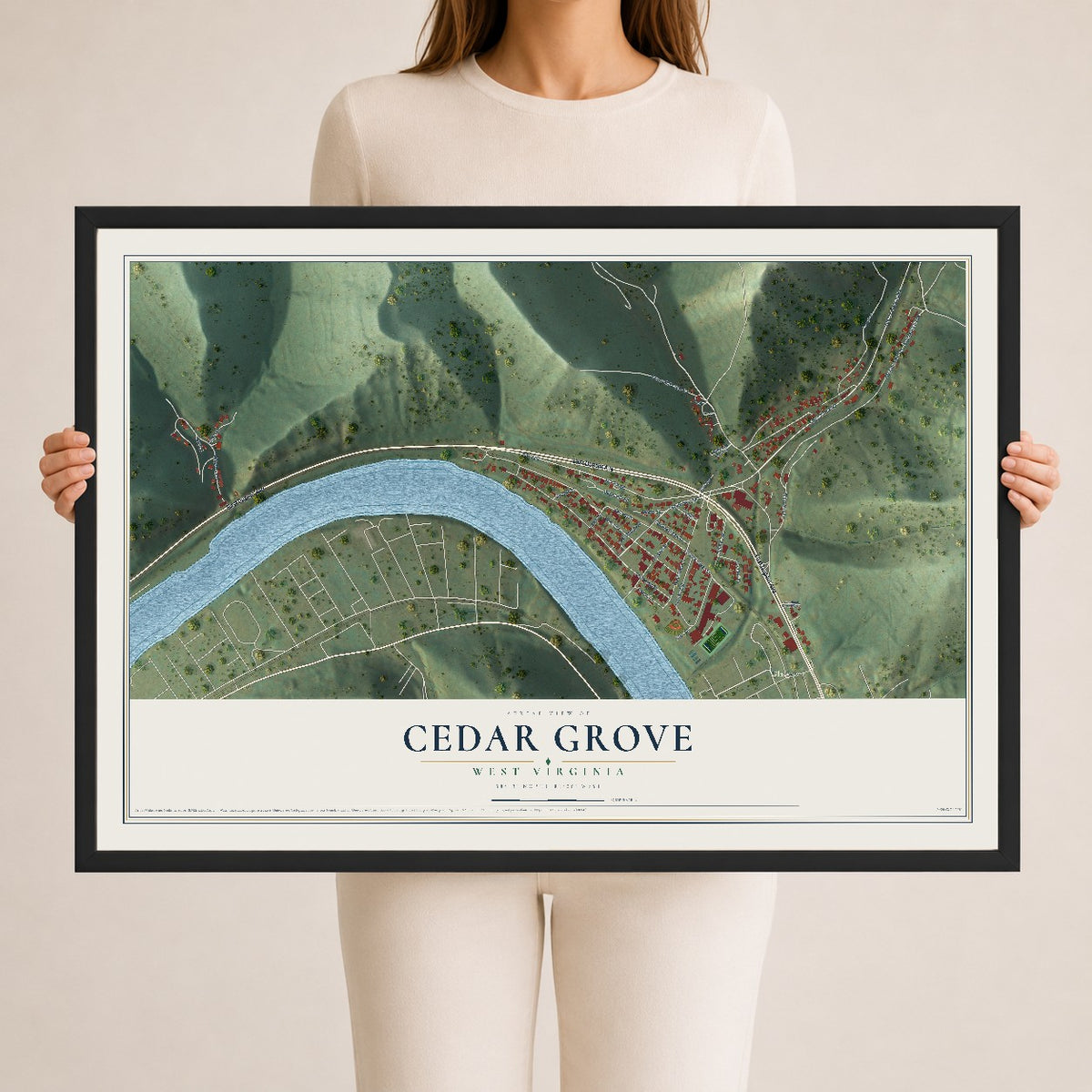 Map of Cedar Grove, West Virginia, 24 x 36 inch print in a black wood frame