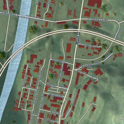 Close-up of the map of Chapmanville, West Virginia print showing street and building detail