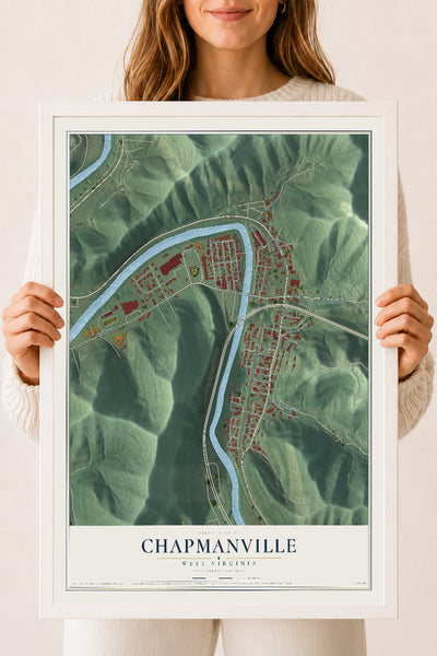 Map of Chapmanville, West Virginia, 18 x 24 inch print in a white wood frame