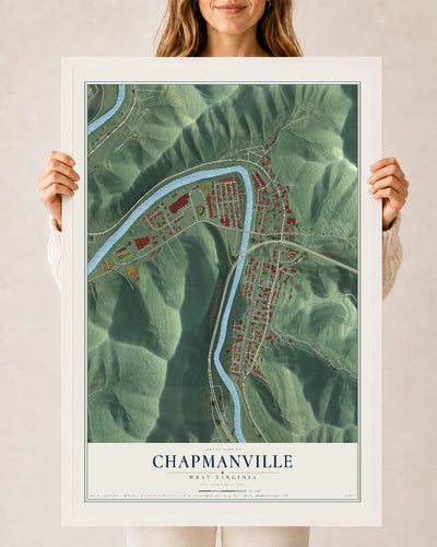 Map of Chapmanville, West Virginia, 24 x 36 inch print in a white wood frame
