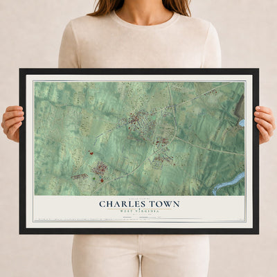 Map of Charles Town, West Virginia, 12 x 18 inch print in a black wood frame