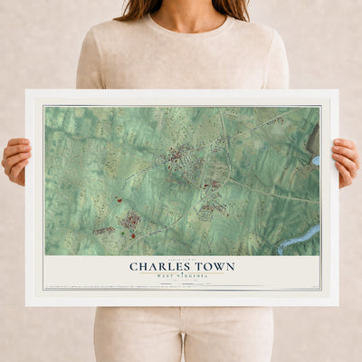 Map of Charles Town, West Virginia, 12 x 18 inch print in a white wood frame