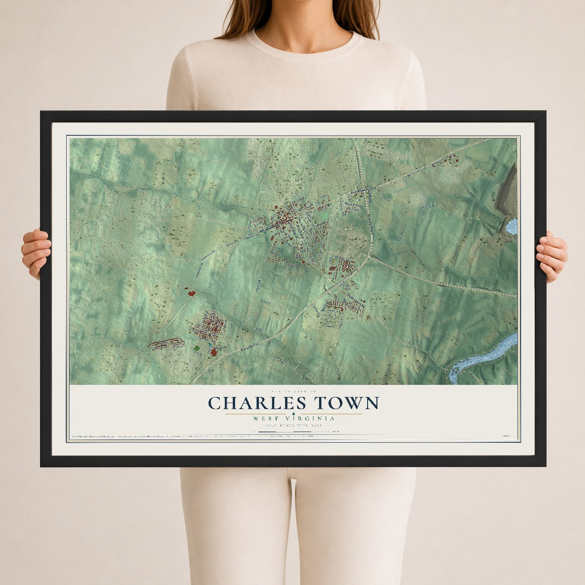 Map of Charles Town, West Virginia, 24 x 36 inch print in a black wood frame