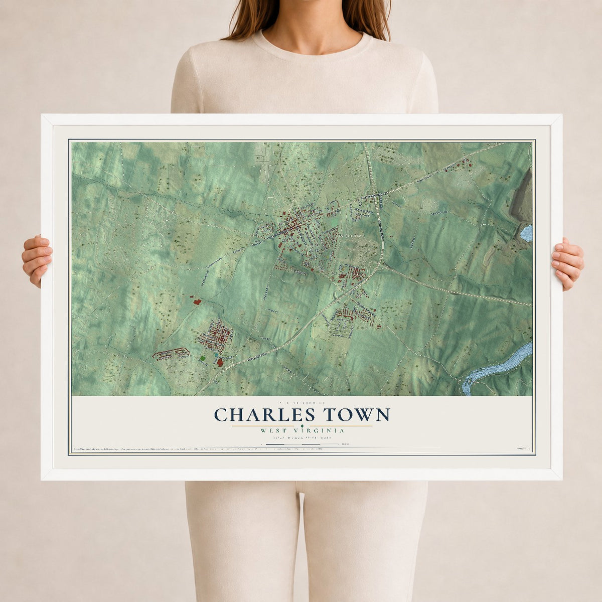 Map of Charles Town, West Virginia, 24 x 36 inch print in a white wood frame