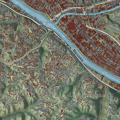 Close-up of the map of Charleston, West Virginia print showing street and building detail