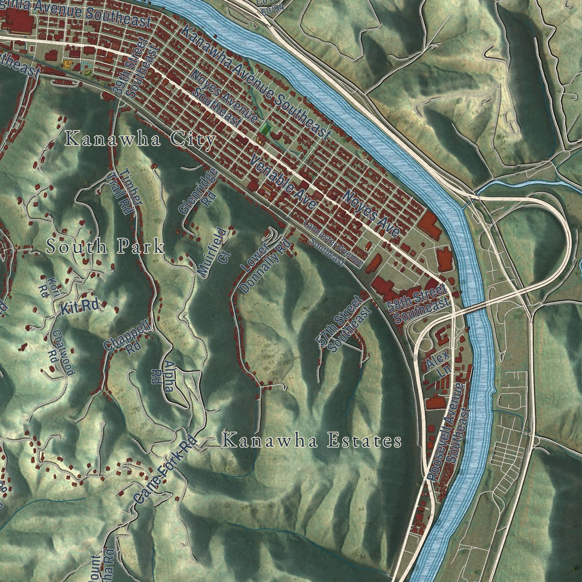 Second close-up of the map of Charleston, West Virginia print showing more streets and buildings