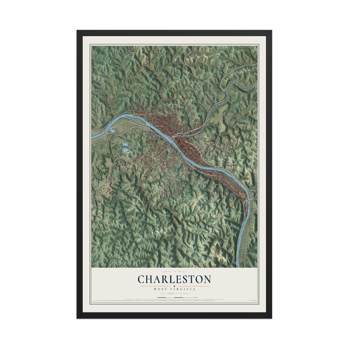 Map of Charleston, West Virginia, 12 x 18 inch print in a black wood frame